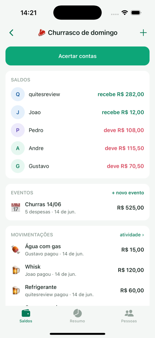 Tela de saldos do Quites mostrando quem deve quem
